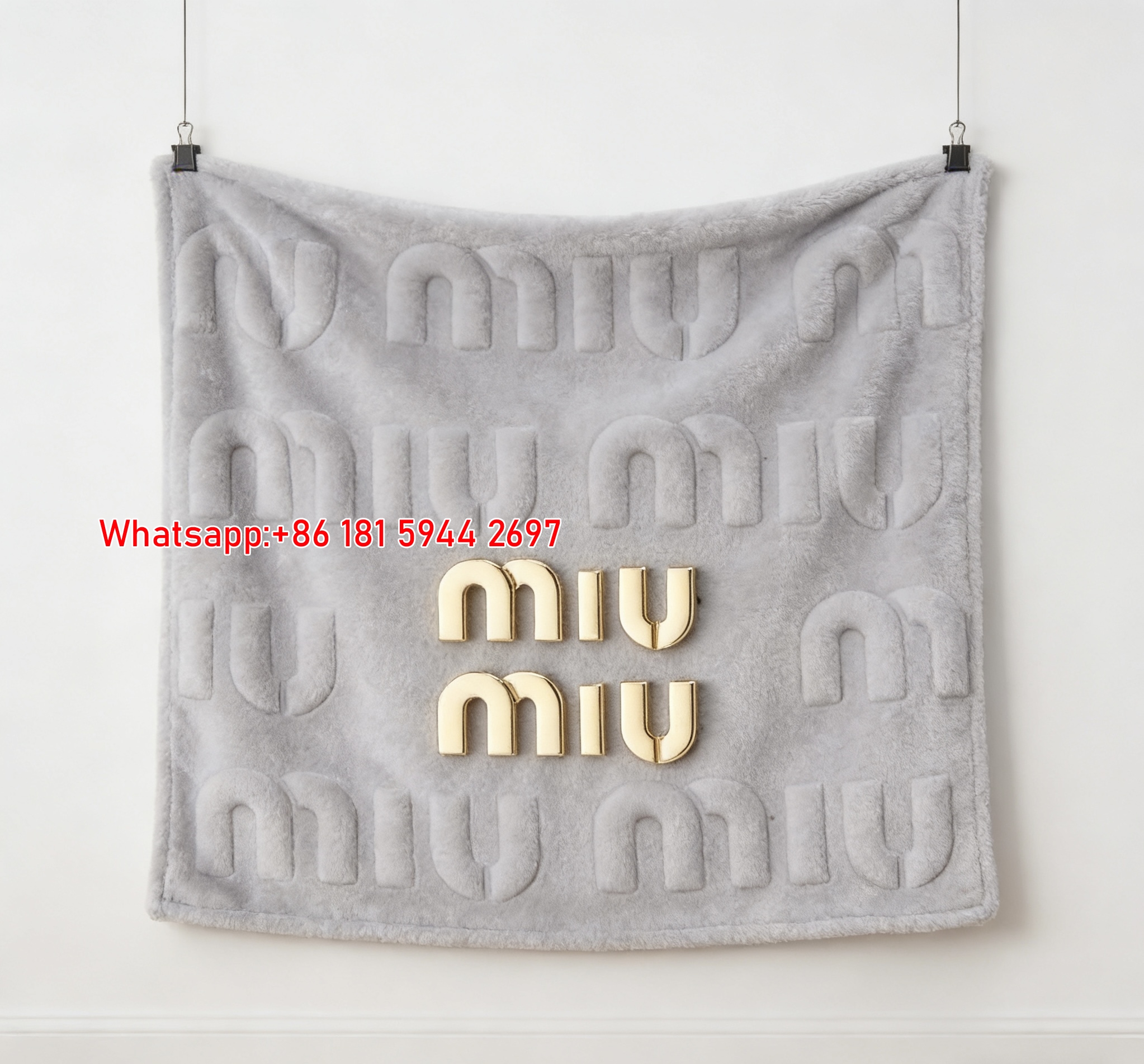Miu Miu Light Grey Embossed Logo Print Flannel Throw Blanket IMG_0402